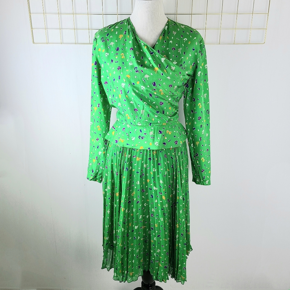 Missoni Donna Made in Italy Silk Pleats Kelly Green Floral Print Vintage Dress
